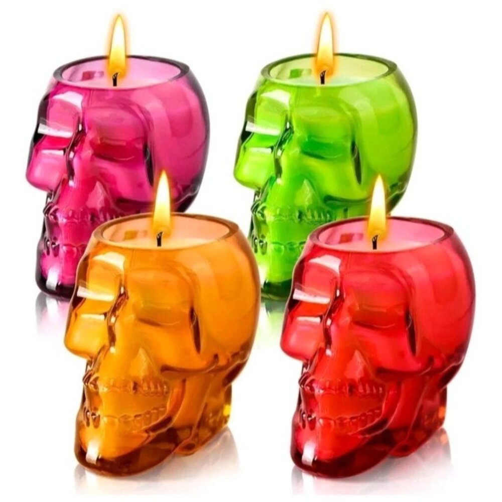 Halloween Candle Set for Home Decor, 4-Piece Skull Cup Candle Set